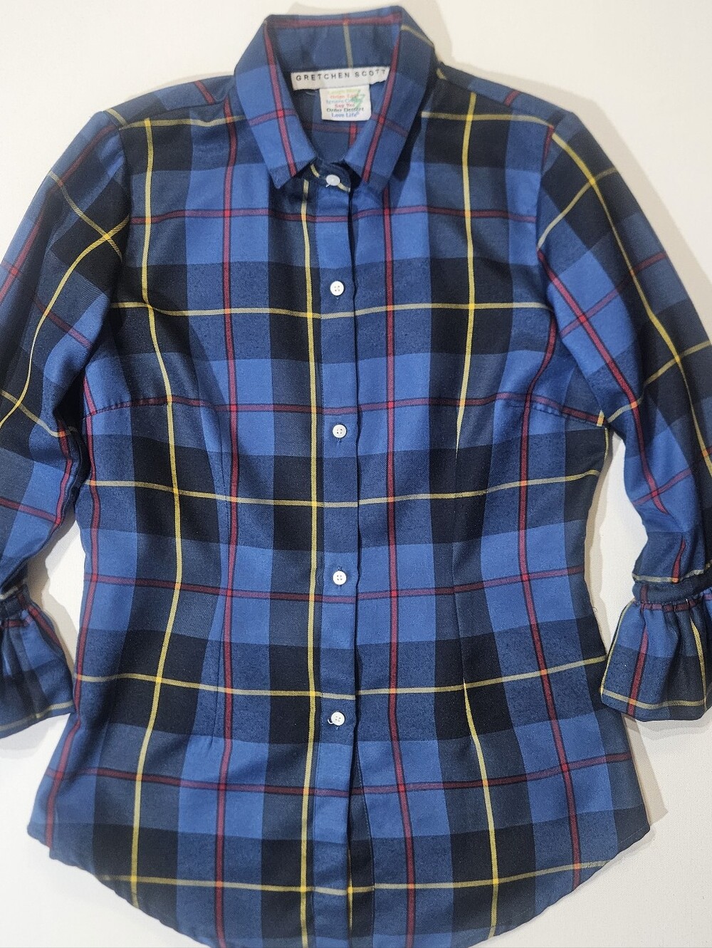 Gretchen Scott Plaid Blouse Womens XS Blue Button Up Ruffle Bell Cuffs Academia